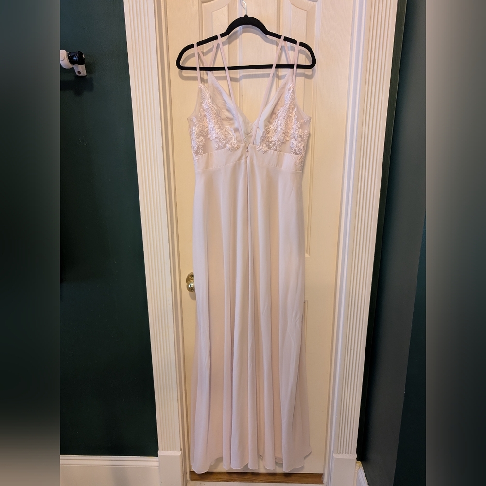 Azazie Blush Pink Lace Back Bridesmaid Dress